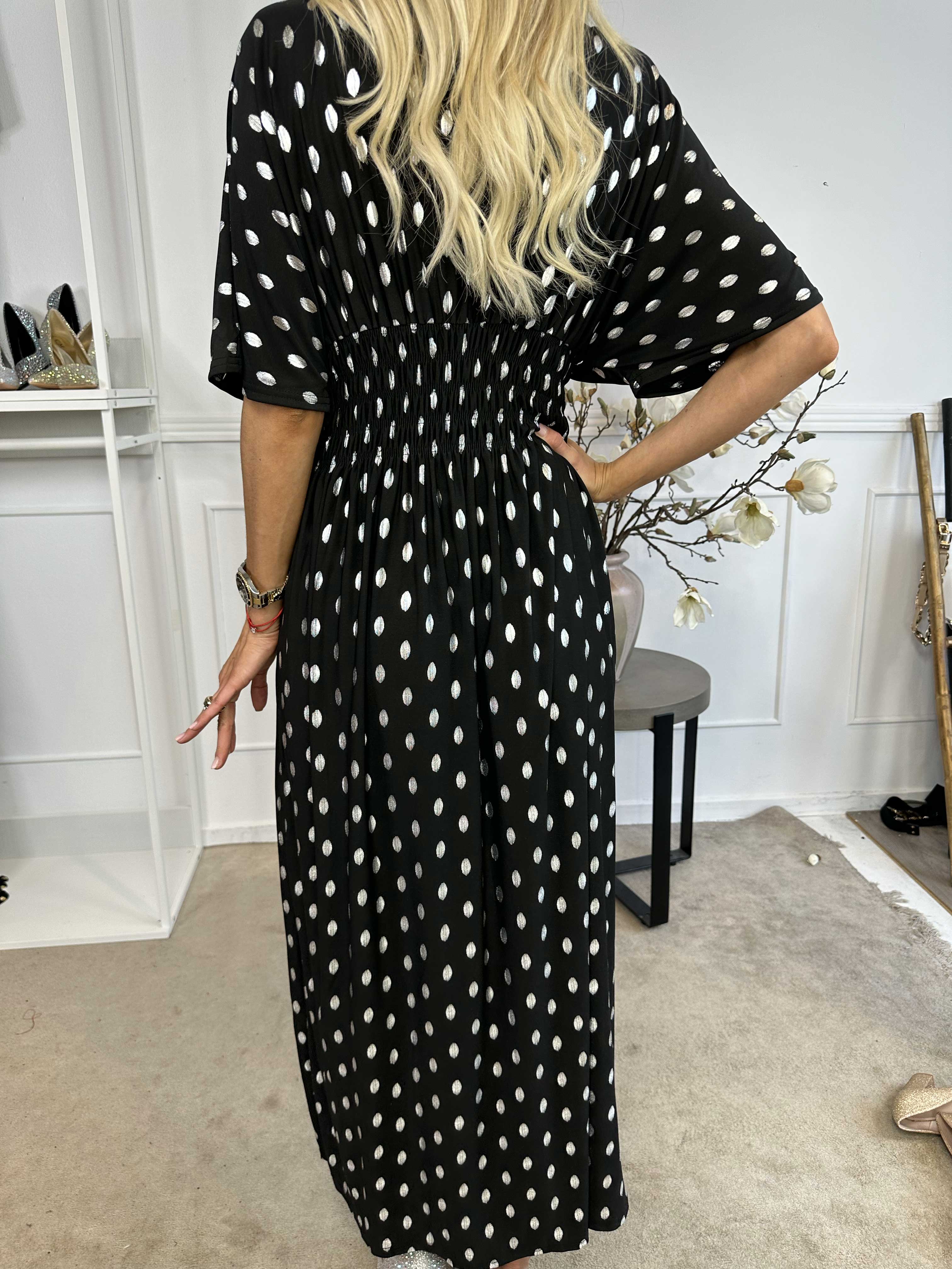 Pams Dot - Lang elastisk kjole med prikket detaljer